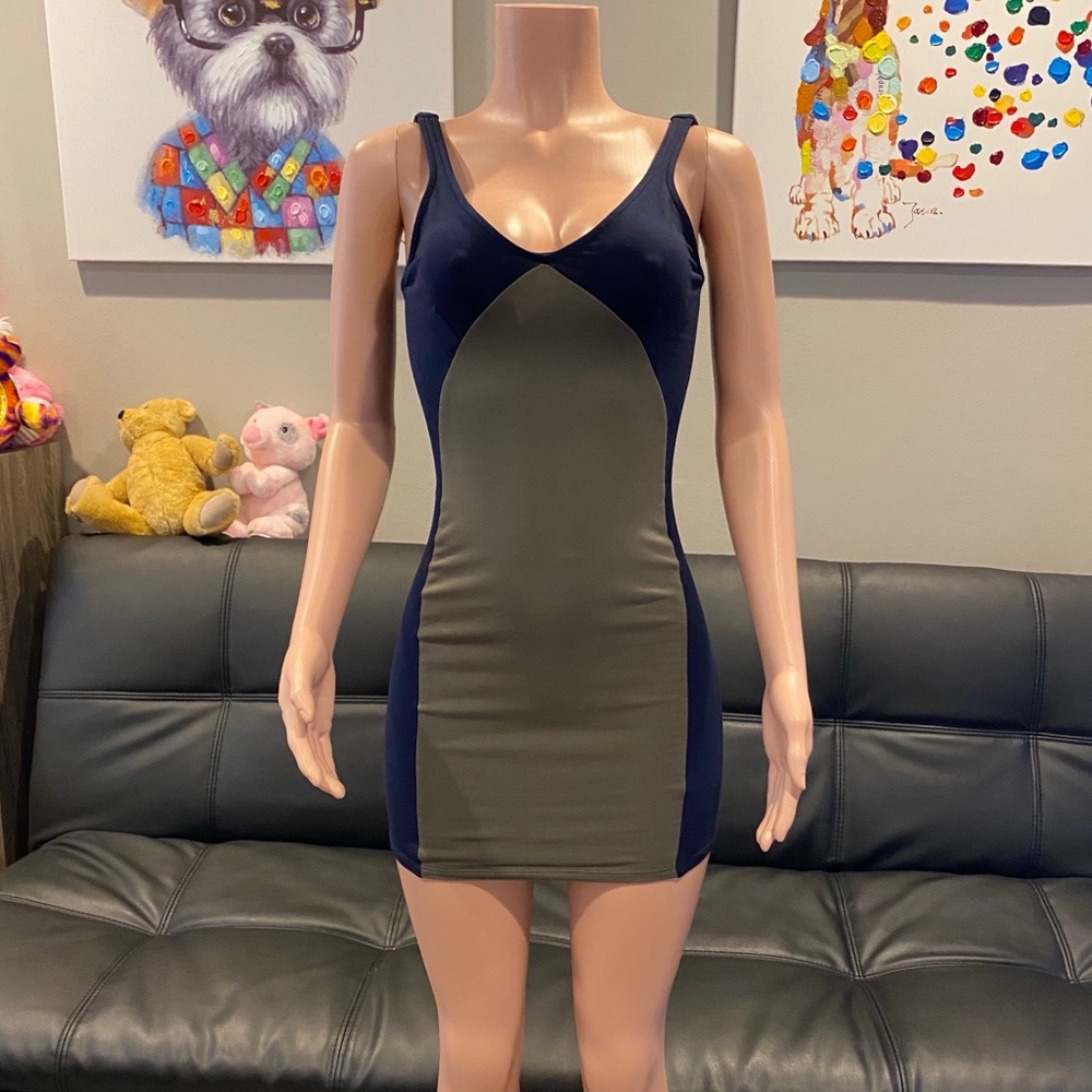 David Lerner Miracle Dress Olive Navy Colorblock Bodycon Mini XS NWT